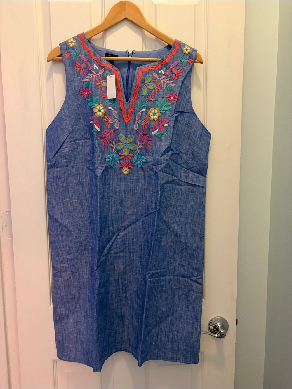 Talbots Blue Sleeveless Embroidered Chambray Midi Dress